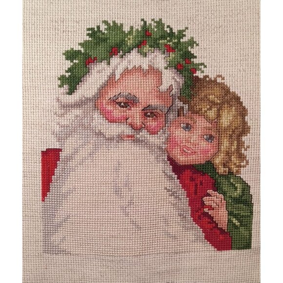 Santa & Child Cross-Stitch Red Velvet Pillow - Picture 2 of 5